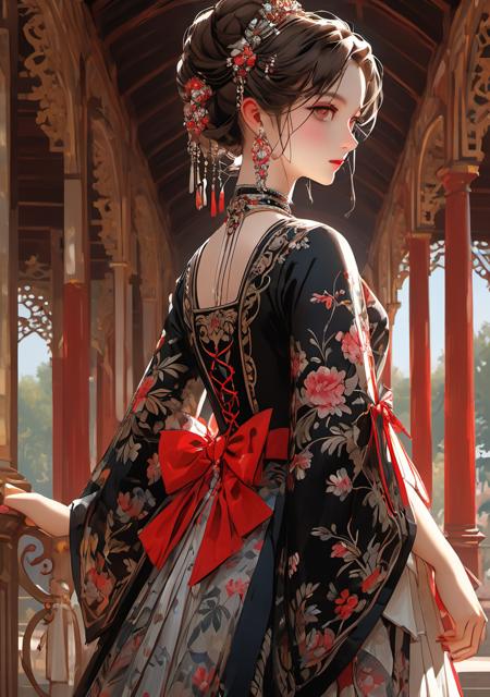 <lora:C_fashion-000015:0.8>masterpiece, best quality, 8k, high detailed, ultra-detailed, photorealistic, 1girl in pavilion, Countess, dress,