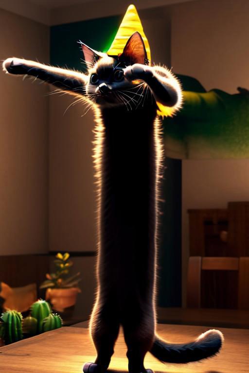 cactus plant, on a table, next to cute (massive huge eyed) (long neck) kittens (wearing witches hats), 4k, high detail, high quality, realistic, cats going nuts!