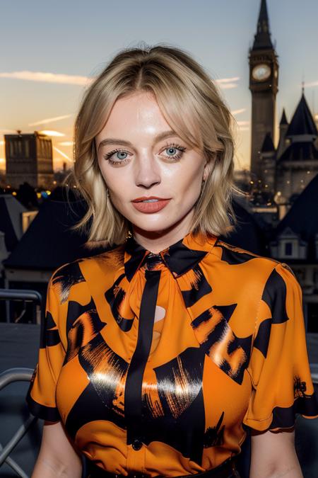 candid of a stunningly beautiful caucasian woman, (upper body:1.2), stunning (orange cheetah print blouse:1.1), sharp focus, vivid color, downtown at the city park, happy to see you, RAW photo, 8k uhd