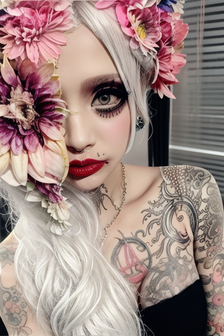 m3t0, long hair, white hair, flower covering the eye, makeup, gray eyes, red lipstick, tattoo, black dress, exposed shoulders