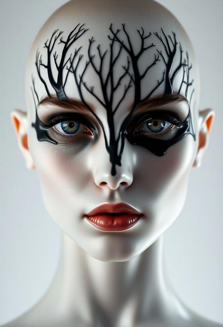 The highest artistic achievement, modern simplicity, futurism, visual impact, stunning image, simple image, coordinated colors, front view, bright lighting, surrealism, fantasy world, fantasy style, artistic close-up of a female supermodel in glossy ceramic material, no makeup, bald, deep eyes, perfectly symmetrical beautiful face, pushed out from silky black oil which creates a Forest treeline around the eyes, the black oil on the face creates a contrast with the delicate white ceramic. Highest-Quality, 4k, intricate details, visually stunning, Masterpiece