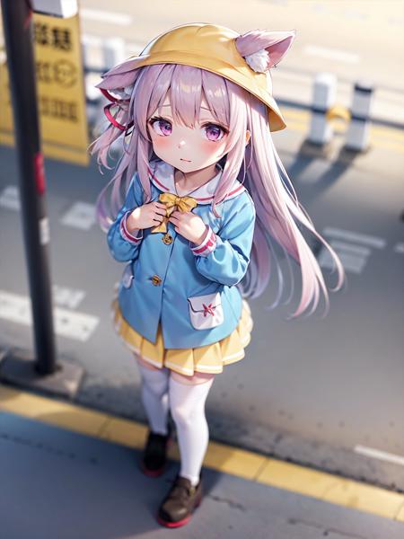 detailed illustration, kisaragi, catgirl, yellow skirt, long pink hair, white thighhighs, yellow headwear, blue shirt, pink eyes, boring,hand on another's chest ,viewed from above,bus stop, depth of field ,full body <lora:kisaragi:0.9>