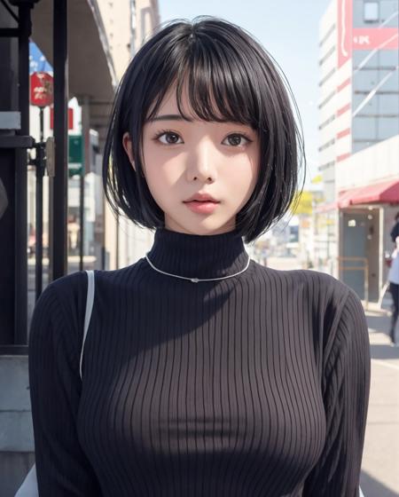 pureerosface_v1:0.24, best quality, photorealistic, 8k, high res, 1girl, woman, (skindentation), (portrait:0.6), ((cityscapebackground:1.62)), full color, ((smallsize round breast, highneck sweater:1.5)), straight-looking at viewer:1.8, (1girl eyes looking at viewer:1.55), (long hair, blackhair, partedbangs:1.45), (bokeh),   <lora:CBAV-kaoru:0.7>