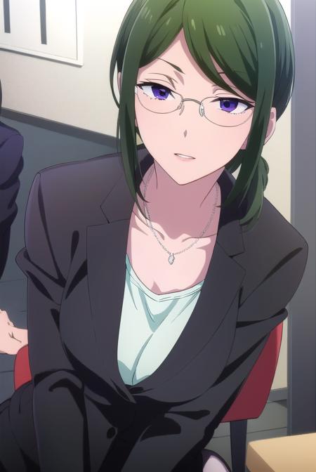 hanakokoyanagi, <lyco:hanakokoyanagi-lyco-nochekaiser:1>,
hanako koyanagi, green hair, low ponytail, (purple eyes:1.1), glasses,
BREAK skirt, pantyhose, necklace, formal, suit, pencil skirt, skirt suit,
BREAK looking at viewer,
BREAK indoors,
BREAK <lora:GoodHands-vanilla:1>, (masterpiece:1.2), best quality, high resolution, unity 8k wallpaper, (illustration:0.8), (beautiful detailed eyes:1.6), extremely detailed face, perfect lighting, extremely detailed CG, (perfect hands, perfect anatomy),