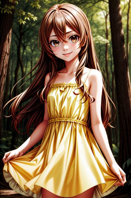 (masterpiece, best quality), <lora:aisaka taiga-lora-Faxtron:0.8> aisaka taiga, long hair, brown hair, hair between eyes, brown eyes, light smile, <lora:edgChamYellowSundress:0.8> edgYSD,girl wearing a yellow sundress, forest, 
<lora:add_detail:0.8>,