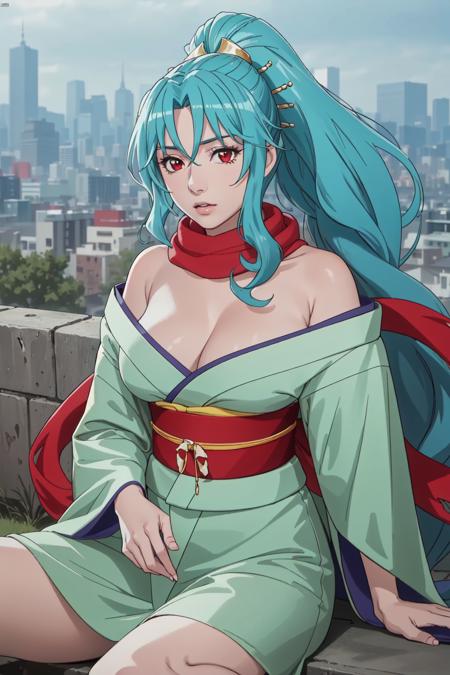 (masterpiece, top quality, best quality, official art, beautiful and aesthetic:1.2),16k, uhd, detailed face, 1girl, solo, aqua hair, very long hair, japanese clothes, kimono, scarf, cleavage, hair ornament, hair stick, kimono, sash, large breasts, red eyes, <lora:TomoeAdvanched:0.6>, cityscape, day, sitting, realistic, rain