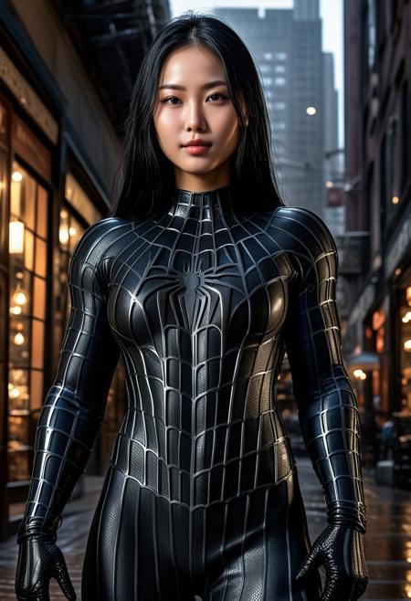 score_9, score_8_up, score_7_up, best quality, realistic, masterpiece, beautiful detail, hyperrealistic, cafe, ((1girl, woman body, huge breasts)), amazing detailed full body portrait of a beautiful japanese girl, wearing a realistic and highly detailed black raimi spider-man suit, ((huge muscular girl)), professional model wears ultra - detailed and grained black raimi spider - man suit, suit covered entire body and hand, spiderman gloves, wet, (full body), (happy pose, spread leg), (leg close up), light smile, black hair, octane render, highly detailed, volumetric, dramatic lighting, (highest quality:1.1), (HDR:1.3), (top quality, best quality), realistic, high definition, Expressionism - sharp focus, professional photography, masterpiece, ultra detailed photograph, high quality, 8k,