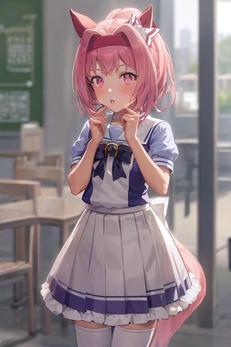 masterpiece,best quality,skyline,solo,1girl,haru urara,tracen school uniform,short sleeves,hair bow,white thighhighs,bowtie,hands on mouth,<lora:haru_urara_lohav29-000040:1>,