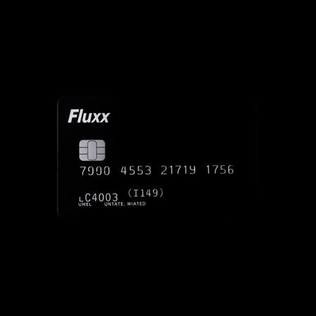 Black visa card with text "Flux Unlimited". Simple background,  dark background, cinematic view, no more text