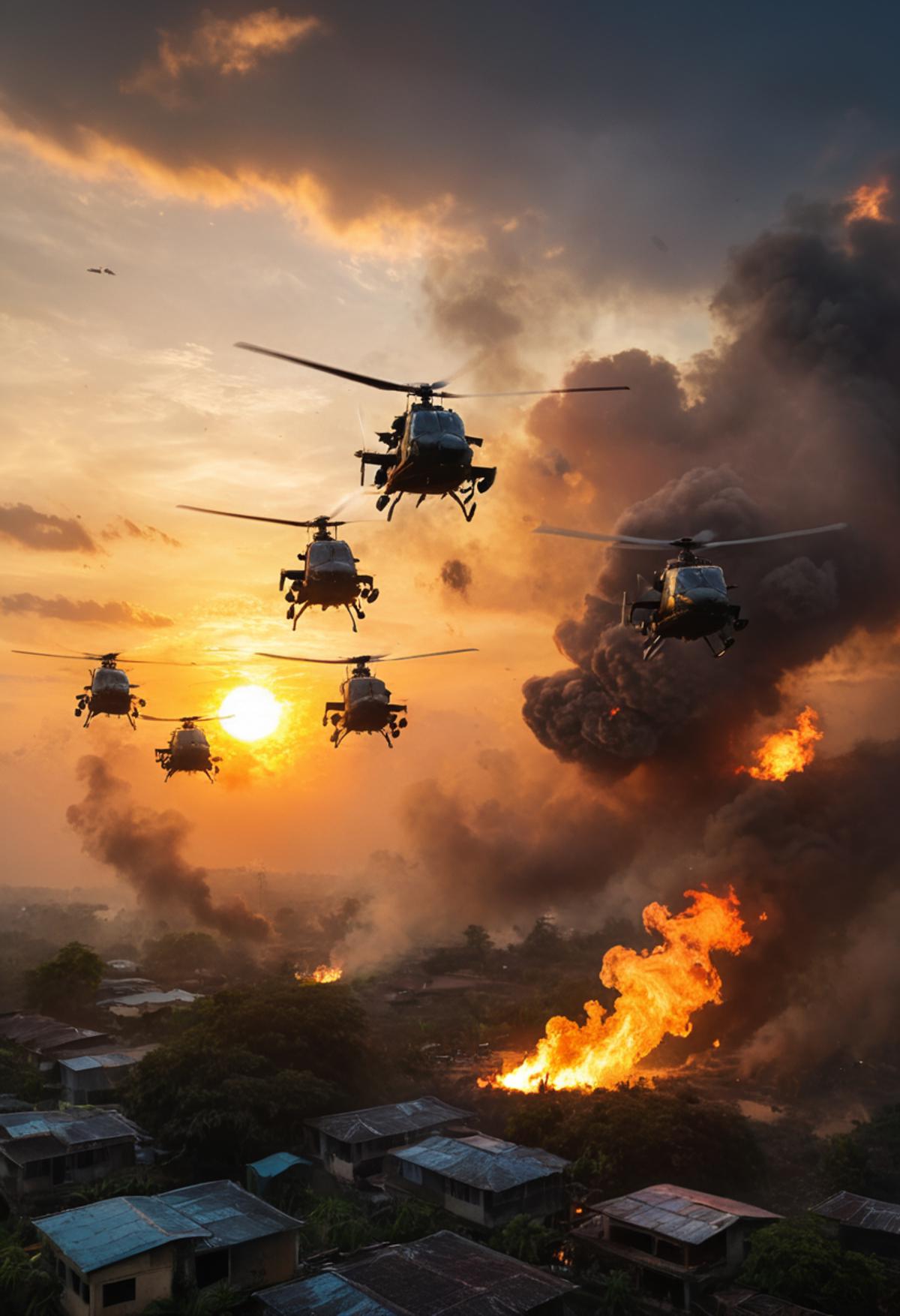 A group of helicopters flying in formation over a city at sunrise, with clouds of smoke and flames below them.