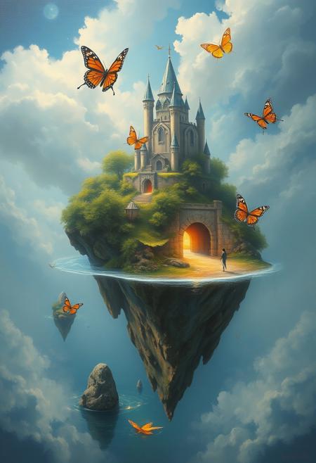 Floating Fairytale Islands , metaphorical realism, surreal fantasy art, symbolic landscapes, dreamlike composition, detailed oil painting, soft glowing light, whimsical surrealism, nature transformed, imaginative storytelling, visual metaphors, ocean skies, butterfly motifs, poetic symbolism, serene surreal worlds