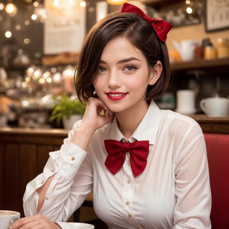 (best quality, masterpiece) A photo of a young, nerdy woman sitting in a cafe, wearing a white shirt and a bow, surrounded by a cozy atmosphere, looking at the viewer. short hair, slender, red lips, transparent fabric, smiling, ((detailed face, detailed eyes):1.2)