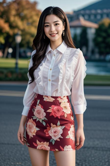 ((Masterpiece, best quality, cinematic lighting, 8k, full body shot, long hair)), (smile:0.85), (realistic scenic background)
<lora:Ruffled_Office_Dress_By_Stable_Yogi:0.8> ruffled shirt, floral print pencil skirt