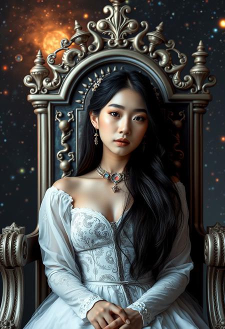 Stunning portrait of the beautiful Queen of the Cosmos, with Asian skin, sitting on an Ethereal Throne, ((Gorgeous albino girl) ), Use warm tones and soft lighting, galaxy background