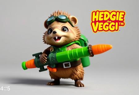 "1990s-style action figure toy of an anthropomorphic hedgehog dressed as a forest-themed urban gardener superhero. Bright retro toy logo with bold fonts and 'Hedgie the Veggie™' title. The hedgehog wears a green utility vest, gardening gloves, and goggles, holding a giant carrot-shaped cannon. Stylized accessories like seed bombs, watering can backpack, and veggie belt. Bright colors, nostalgic aesthetic, detailed toy design, whimsical and heroic style, bold comic-book shading. 4:5 aspect ratio --v 5 --style 90s --ar 4:5"