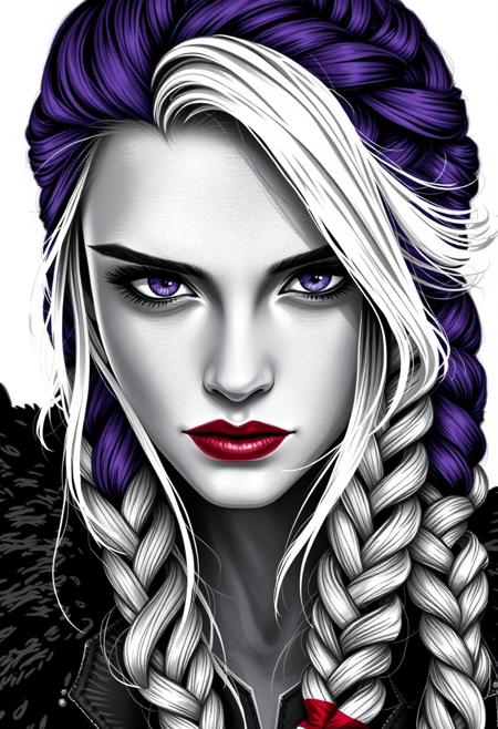 black and white portrait of a Viking warrior woman with braided purple and white  hair, wearing red lipstick, Purple eyes. long blonde braid, looking forward, white background, high contrast, low color palette, fantasy style, detailed --chaos 55 --ar 1:2 --personalize yruxpc2 --stylize 750 --v 6.1