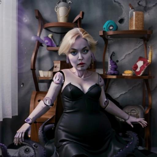 1girl,solo,dolls,(doll joints:1.5), fat, Ursula, ursulalm, sea witch, purple-skinned, lifeless eyes, doll, plastic, 1girl, scylla, tentacles, colored skin, plastic skin, inanimate, scyllacpt, octopus tentacles, (black dress:1.5)
BREAK Doll of Ursula (sitting on a shelf), in a child's room, Detailed hand, Perfect hand,