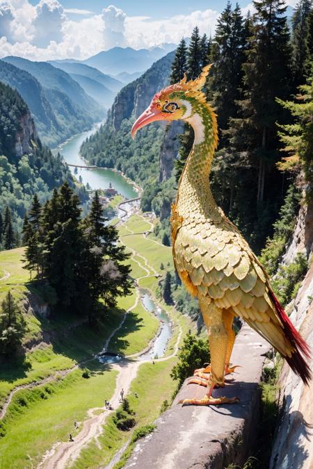 (best quality:1.4), (ultra highres:1.2), (photorealistic:1.4), (8k, RAW photo:1.2),  very high detail, portrait shot,  (himmapan style:1.45),(tall bird:1.1), (on the cliff:1.3) <lora:HimmapanV1:0.8>