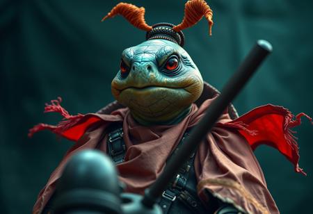 Create a highly detailed, cinematic close-up of an anthropomorphic turtle samurai on a Castle of Chaos 城 shiro, inspired by Steve Prescott's keylight and fashionable RPG clothing. The turtle samurai should be part of a gang of circus clowns, as envisioned by Jesper Myrfors, and wear a flowing cloak, reminiscent of Ayami Kojima's style. Incorporate muted colors, micro details, and lifelike details, with a focus on photorealistic quality, akin to art by artgerm and Greg Rutkowski. Utilize a gridless, necromancer suit design, with a sharp focus and no blur or depth of field, targeting an 8k resolution and HD quality.