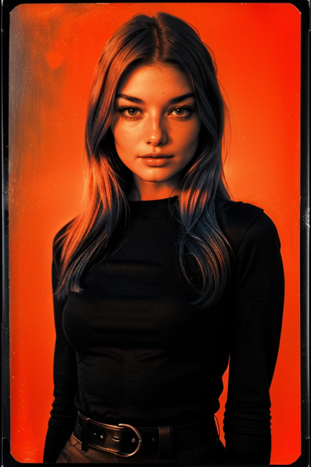 MonicaOllander, Century Camera Co. Studio, 160mm f/8, 1/10s, ISO 25, ((tintype:1.3)), ((portrait, full color, bold color, orange, red, gradient)), blouse, ((geometric halftone background))