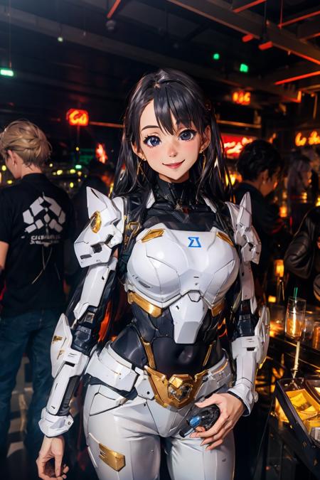 Bar photo,1girl,black hair,earrings,golden long hair,jewelry,best qualtiy,masterpiece,movie-level quality,<lora:20240115-1705331714218-0020:0.6>,drink,smile,white mecha,<lora:Gundam_Mecha_v3_1:0.6>,Gundam,mecha weapon,white armor,cann,drink,<lora:add_detail:0.5>,