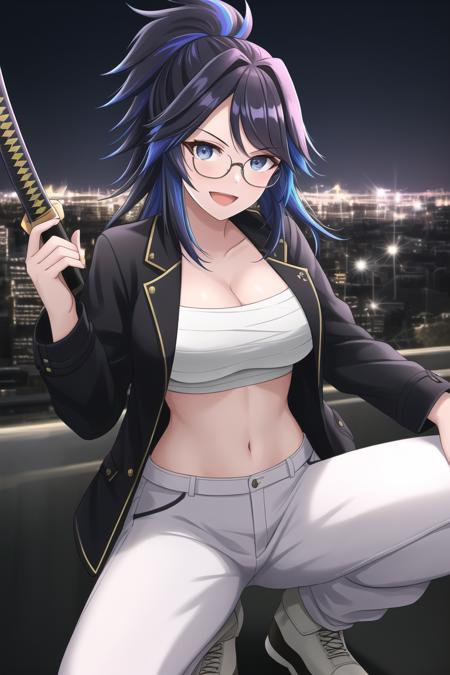 2d, masterpiece, best quality, anime, highly detailed eyes, highly detailed face, perfect lighting, cowboy shot, 1 girl, solo, squatting, smile, happy, open mouth, city background, cityscape, highly detailed background, (kson:1.2), blue eyes, glasses, jacket, sarashi, navel, white pants, katana, holding katana, holding weapon <lora:hll3.1:1>>