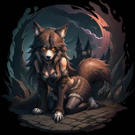 ridechemy, animal, solo, long hair, animal ears, no humans, brown hair, wolf, horror \(theme\), looking at viewer, dark, wolf ears, tail, wolf tail, animal