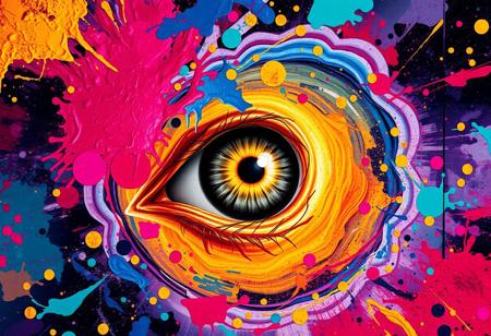 A surreal journey through a kaleidoscopic dreamscape, where vibrant paint splatters come alive, swirling around a mesmerizing golden eye that holds secrets of another dimension. @HailuoAI