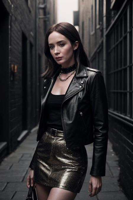 EmilyB_SoloTI_v1, 
(Wrapped in a sleek leather jacket, accentuated by silver studs and chains, emanating a fierce and edgy aura), (A dimly lit alleyway, with shadows lurking in the corners, exuding an atmosphere of calculated intensity: 1.3), (seductive:1.3),(analog, cinematic, film grain, hazy atmosphere, cinematic shot:1.3),
<lora:add_detail:0.6>, <lora:LowRa:0.2>, PA7_Portrait-MCU,