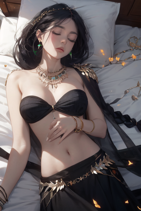 Aeolian, black hair, long hair, single braid, black eyes, earrings, jewelry, necklace, breasts, black bra, strapless, shoulder pads, see through cape, sleeveless, bracelets, cleavage, midriff, collarbone, very long skirt, 