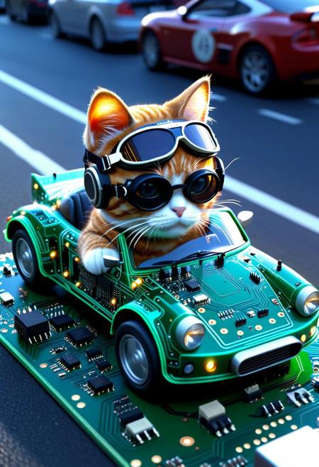 TzigoCBS, (made of CircuitBoard:1.3), closeup cute small classic sports car made of CircuitBoard, cat driving, wear round goggles, wear animal ears helmet, run through on city street, tire smoke, blue sky, cinematic, cinematic lighting, (masterpiece, best quality:1.4), ultra-high res, 4k, Photorealistic, insanely detailed, sfw,