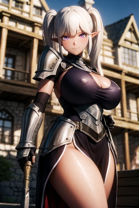 anime style, masterpiece, best quality, absurdres, (mature female), large breasts, thick thighs, Vitalya, pointy ears, pointy ears, purple eyes, eyeshadow, knight, knight armor, armored dress, castle, medieval town, people in medieval clothing, public, light smile,