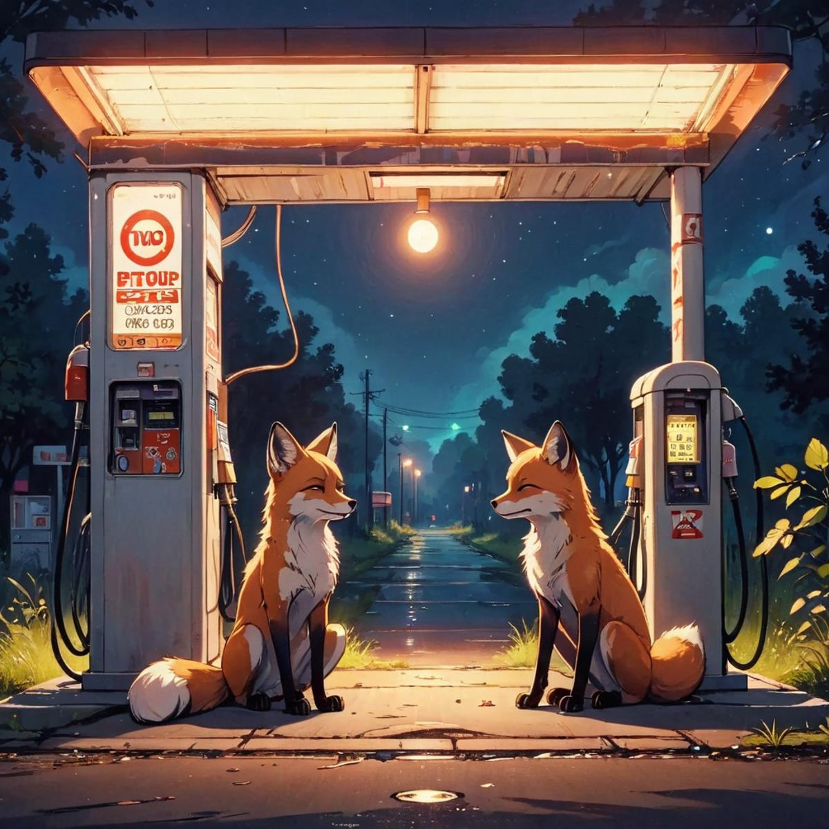 Two fox characters sit at a gas pump.