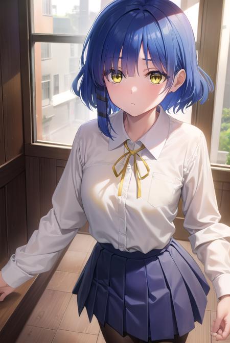 ryouyamada, <lora:ryouyamada-lora-nochekaiser:1>, 
ryou yamada, blue hair, eyes visible through hair, mole, mole under eye, short hair, (yellow eyes:1.5), hairclips,
BREAK black pantyhose, black ribbon, blue skirt, brown footwear, loafers, long sleeves, pantyhose, ribbon, school uniform, shimokitazawa high school uniform, shirt, shoes, skirt, white shirt,,
BREAK indoors, classroom,
BREAK looking at viewer, (cowboy shot:1.5),
BREAK <lyco:GoodHands-beta2:1>, (masterpiece:1.2), best quality, high resolution, unity 8k wallpaper, (illustration:0.8), (beautiful detailed eyes:1.6), extremely detailed face, perfect lighting, extremely detailed CG, (perfect hands, perfect anatomy),