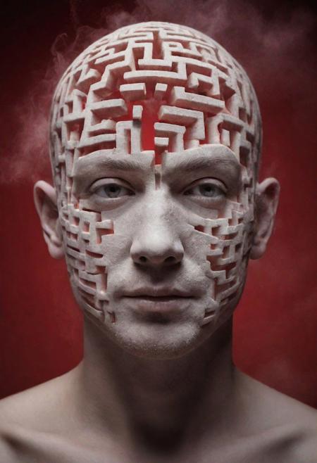 white dust in the air creating a almost hollow silhouette shaped like a human head, (large maze tattoo: 1.3), a red background,  highest resolution, 8k, best quality, rim light