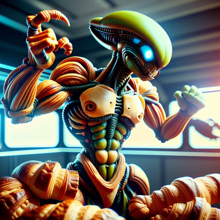 a realistic fighting Alien Made entirely from croissants, realistic style, cinematic feel ,<lora:food_carving_sd_1_5_20231205:1>,