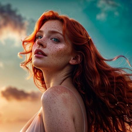 A beautiful woman, elegant, graceful, large exaggerated ginger curls, wry  smile, ((extremely long fine hair that looks like it's on fire with a brilliant electric red halo and blends into the colours in the sky)), ((wispy cirrus clouds)), electric green eyes, sensual, elegant, windswept, freckles, (((full body))), highly detailed, photorealistic, bokeh, backlit by a vividly surreal and colourful sunset, loose free flowing completely transparent ethereal clothing, ((oversaturated colours)), (side profile:0.5), ((((low angle shot, ground level shot, photo from below))))