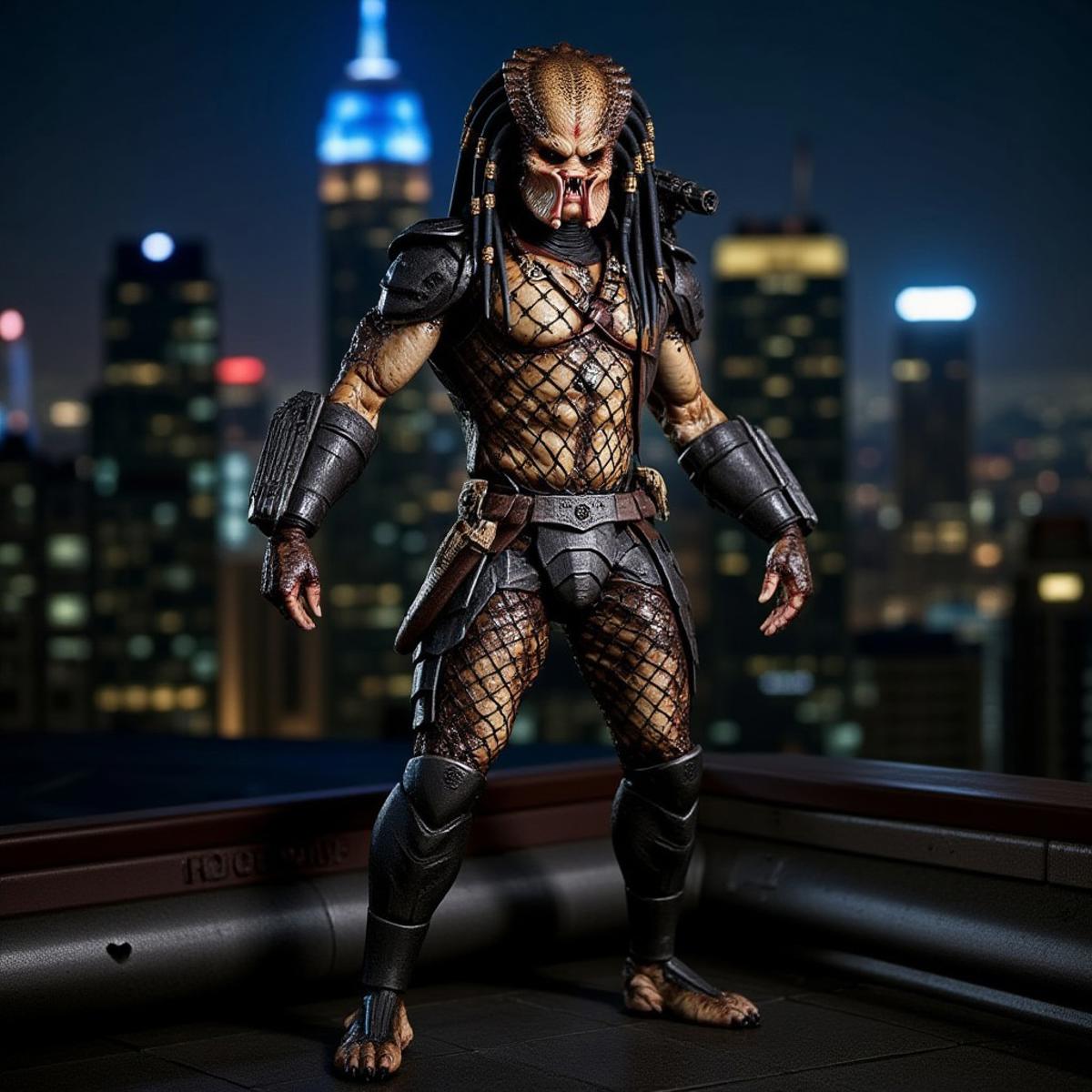 a realistic photo of a very muscular alien predator standing on a rooftop of a large city. the city below him has tall buildings with many lights, His body is oiled and he is in a fighting pose, weights<lora:PredatorV2:0.8>