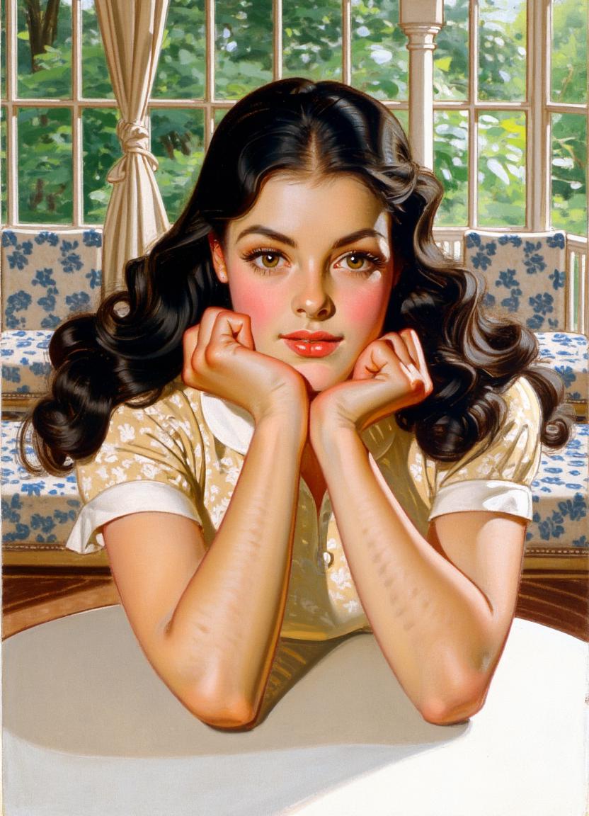 A cartoon illustration by j.c. leyendecker of a young woman sitting at a table. She has fair skin, long black hair and green eyes. Her hands are on her chin and her elbows are on the round white table in front of her in the foreground. The background appears to be a cozy midwestern screened-in back porch. She is looking at the viewer. The style is cartoonish and american from the 1940s.