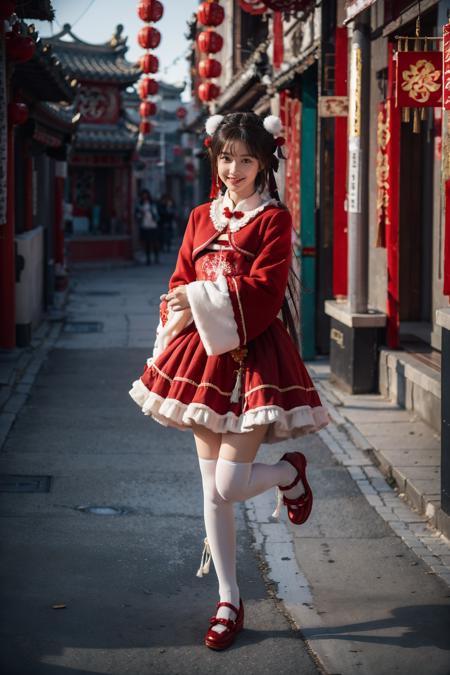 best quality, masterpiece, realistic, photorealistic, 1girl, solo, looking at viewer, light smile, full body, low twintails, bangs, cyb dress, chinese clothes, frilled dress, wide sleeves, long sleeves, white thighhighs, shoes, chinese town, ancient chinese building, chinese street, people, chinese new year, chinese lantern, spring festival, <lora:chinese_new_year_dress_style2_v1:0.7>