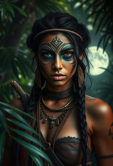 tribal huntress :: intricate face paint, copper jewelry, ebony hair :: moonlit jungle, dappled shadows