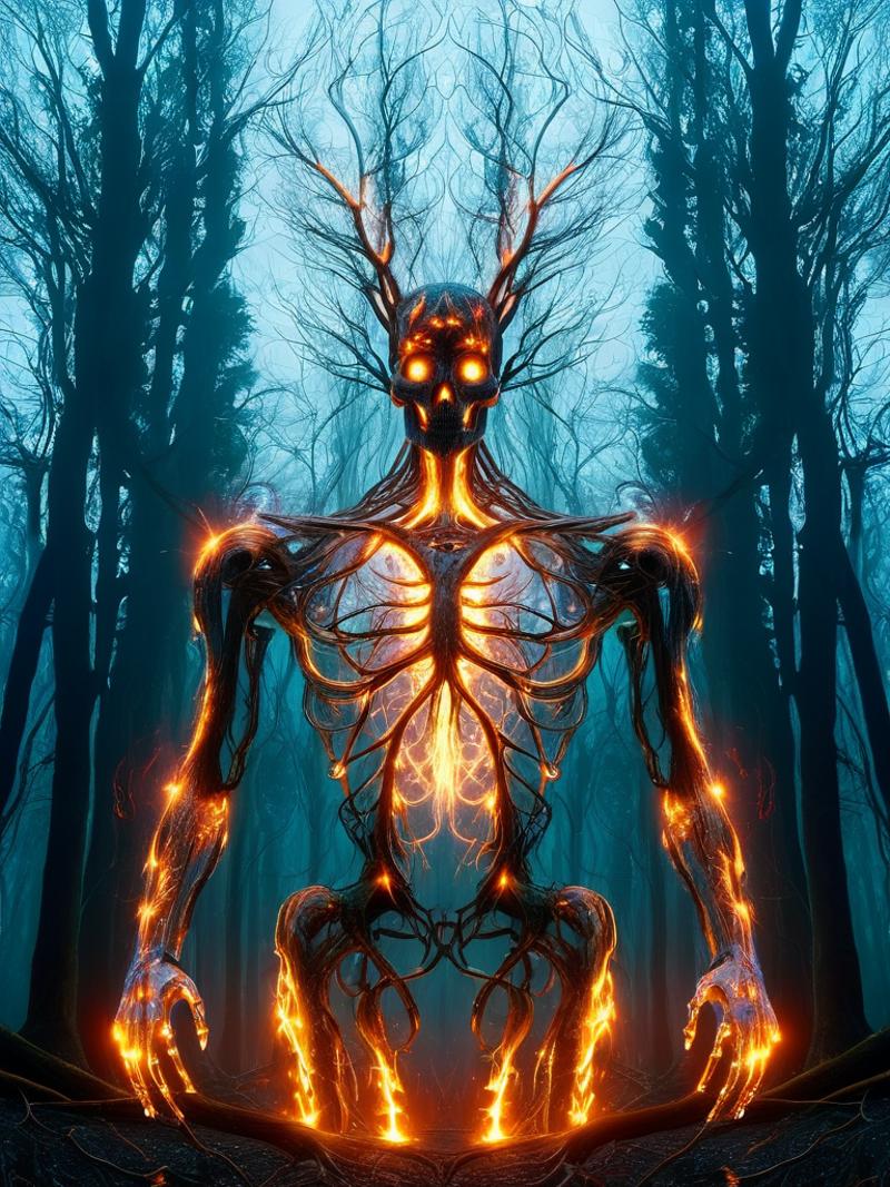A dark and eerie image of a skeleton figure with glowing eyes, surrounded by trees and a blue background.