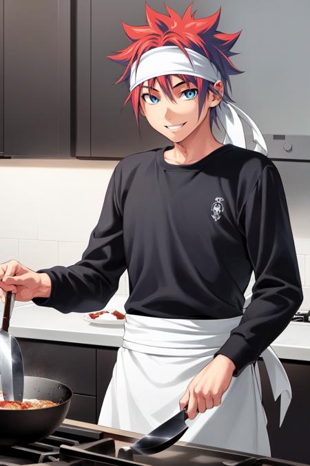 <lora:FoodWarsComicStyle-000030:0.7:lbw=paint2>
1boy,short hair, blue eyes, red hair, (headband:1.2), (black shirt), long sleeves, waist apron, teeth, smile,
cooking,holding knife,, (best quality, masterpiece:1.3)