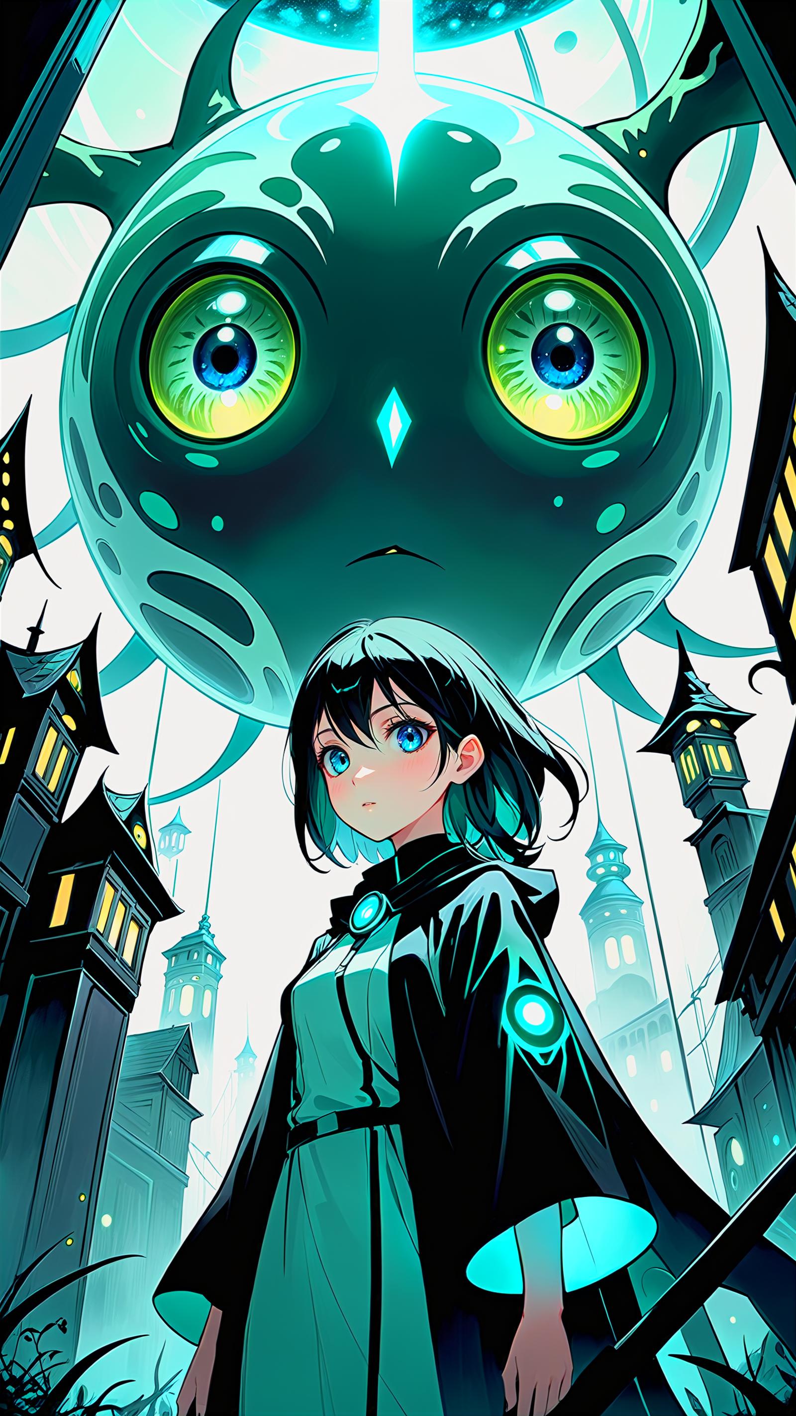 A young girl with blue eyes stares up at a large, floating creature with green eyes.