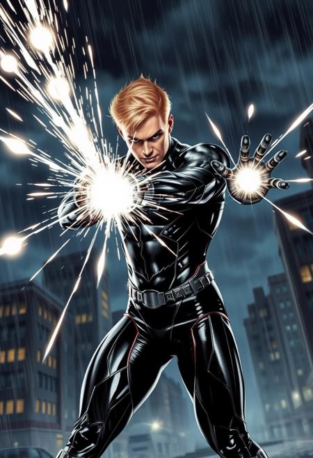 in the style of Syd meadis  a 27 year old angry british male superhero figure wearing a detailed metallic black and chrome skintight outfit  , he has blonde hair in a short style. The character is depicted in a dynamic action pose, firing a bright white energy blast that looks like expanding circles directly at the viewer  , with white and silver sparks flying outward. The background features an night time urban cityscape with buildings and a cloudy sky and rain , emphasizing a dramatic atmosphere. The character’s stance and visual effects convey power and movement.