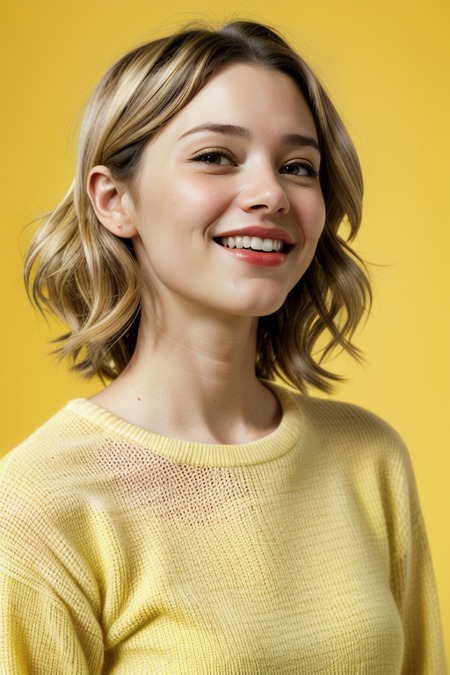 AmandaPflugrad, (closeup on face:1.3), (light blonde hair, big smile:1.3), razored combover bob haircut, ((red lipstick)), ((slim, fit, lanky, coltish:1.5)), yellow cashmere sweater, luxury, looking at viewer, Hasselblad H6D, 80mm portrait, natural lighting, oiled skin, perfect eye blush, slightly open mouth, long eye lashes, <lora:epiCRealismHelper:0.2>, <lora:hairdetailer:0.3>, ((basic yellow backdrop:1.3)), detailed skin texture, (blush:0.5), (goosebumps:0.5), subsurface scattering, RAW candid cinema, 16mm, color graded portra 400 film, remarkable color, ultra realistic, textured skin, remarkable detailed pupils, realistic dull skin noise, visible skin detail, skin fuzz, dry skin, shot with cinematic camera