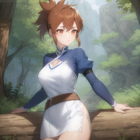 a woman, forest, blue sleeves and white outfit. short ponytail, brown belt is, standing <lora:marc1:1>, perfect resolution, illustration, dota dragon's blood style