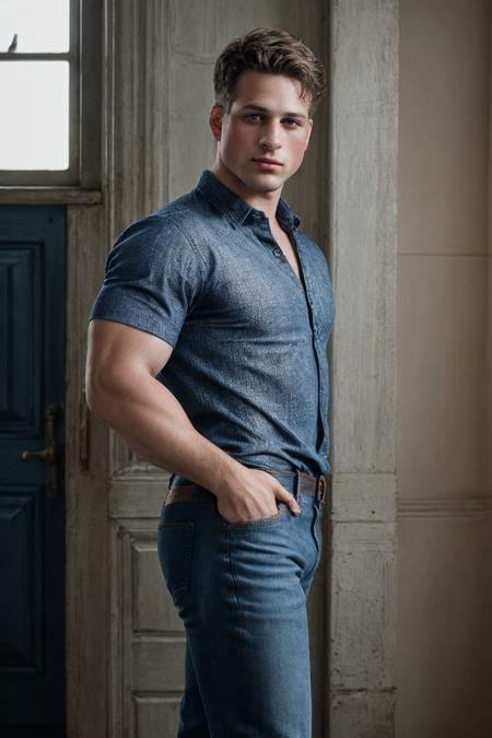 epiCRealism, (male focus), cowboy shot professional photograph of nick sandell wearing (a shirt and jeans:1.5), <lora:Nick_Sandell-07:1>, deep photo, depth of field, Superia 400, bokeh, professional photograph shot, realistic lighting