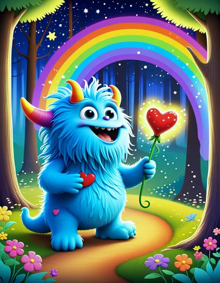Once upon a time in a magical forest, there lived a cute, fluffy monster named Fizzle. With big, sparkling eyes and a heart-shaped nose, Fizzle loved to spread joy and laughter. Every night, he would gather the forest creatures to share stories and dance under the twinkling stars. Despite his silly appearance, Fizzle had a special gift: he could make flowers bloom with a single giggle! One day, he set out on an adventure to find the legendary Rainbow Blossom, a flower said to grant wishes. What whimsical encounters and delightful friends would he meet along the way?