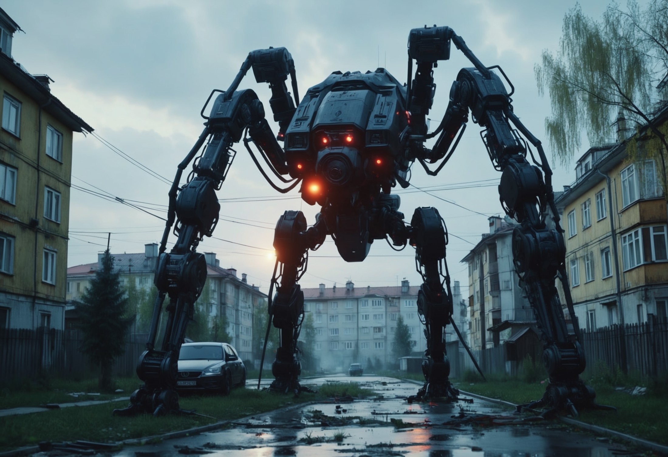 cinematic shot, realistic photograph, spider mech robot with machine guns in a russian neighborhood, lighting